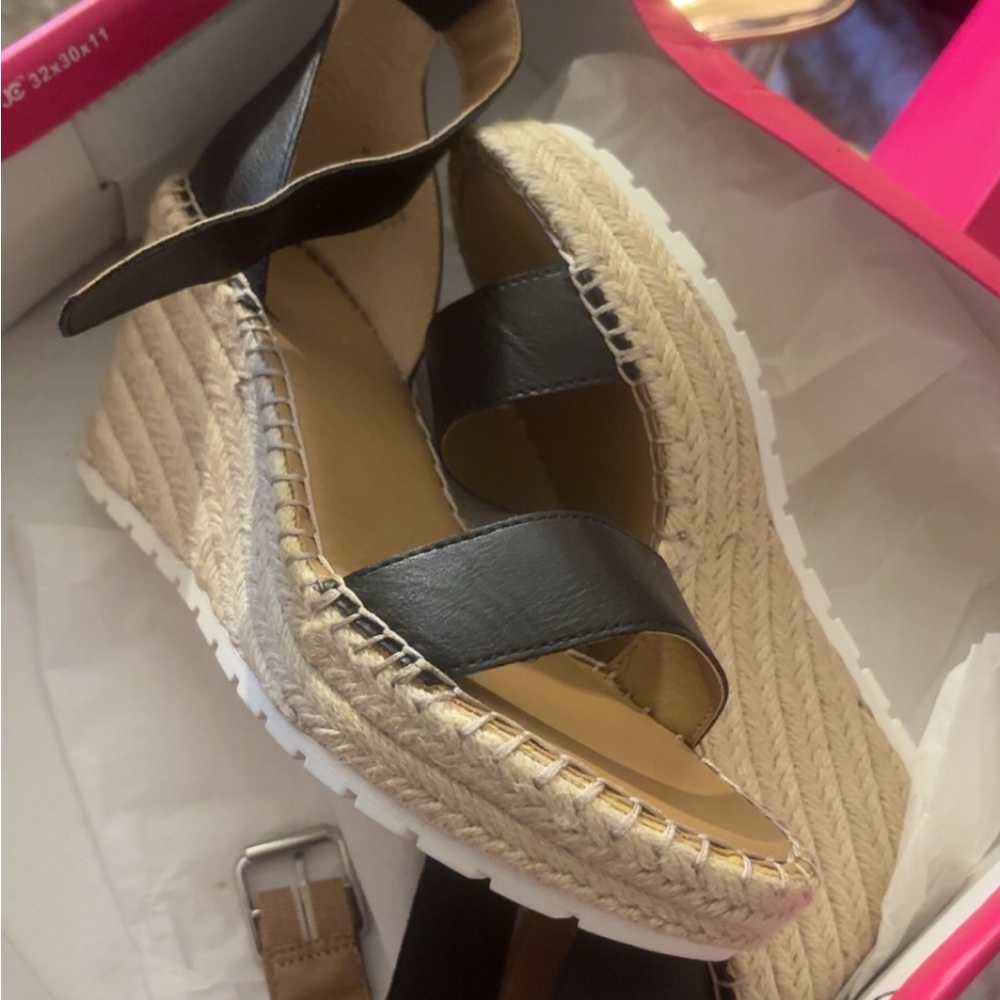 Black and Tan Wedge Sandals